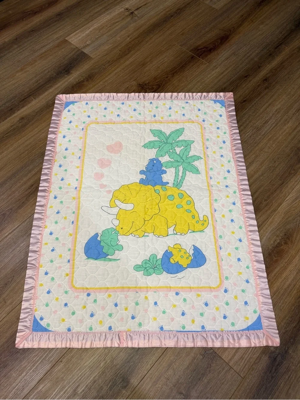 Vintage Baby Dinosaur Crib Quilt Blanket 44x34 Pink Satin Trim Nursery Decor